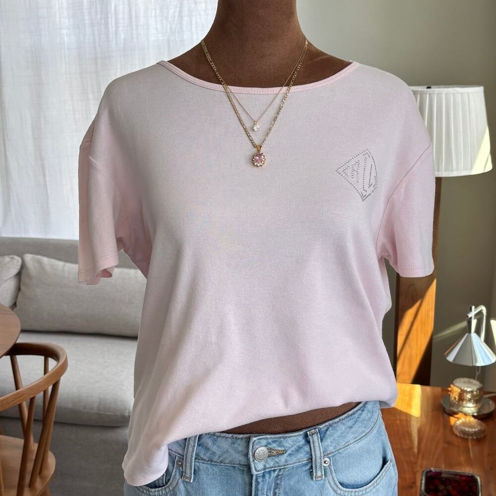 2000s Vintage Lauren Ralph Lauren Pink Cotton Baby Tee Rhinestone Logo‎ Medium